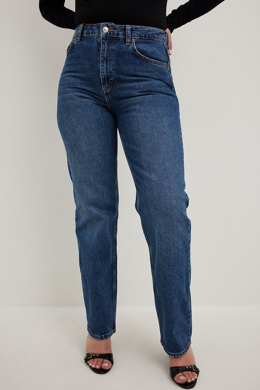 Straight High Waist Denim Jeans - Classic blue denim with a high-rise waist, a straight leg silhouette, and a flattering fit.