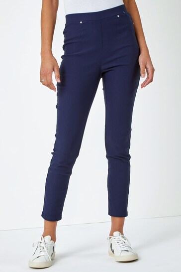 Navy blue high-waisted stretch jeggings with slimming fit and casual style for everyday wear.