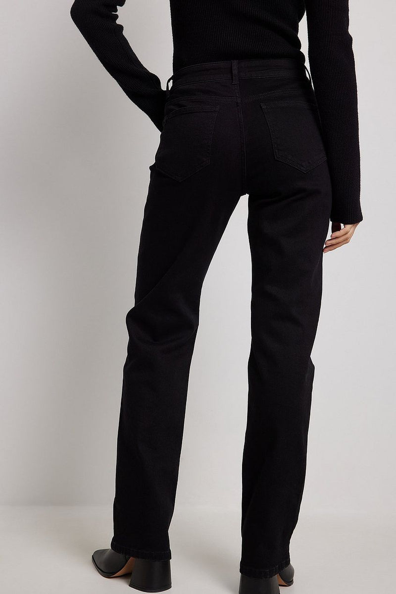 Mid Waist Straight Denim Jeans in Black - Stylish women's denim pants with a classic straight-leg silhouette.