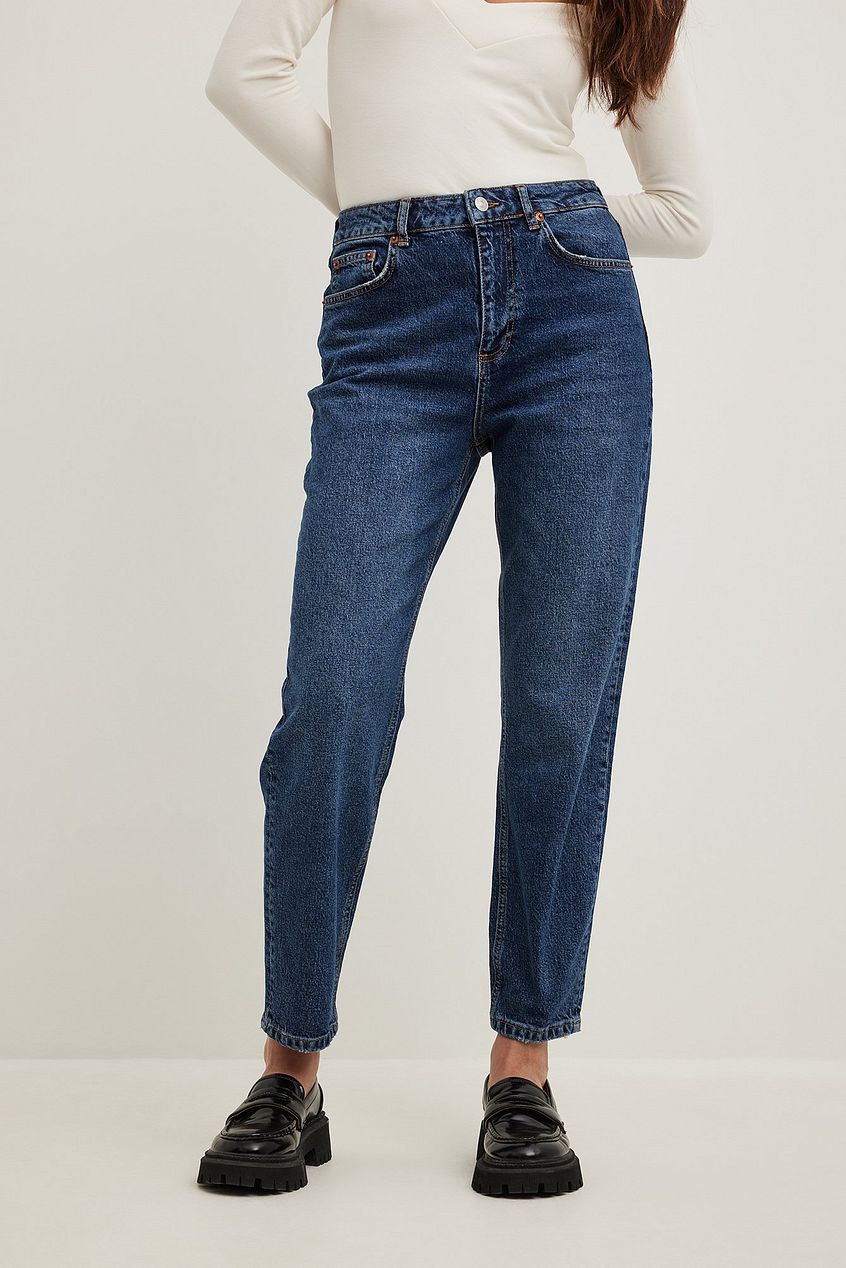 High-waist, straight-leg denim jeans with a classic blue wash, displayed on a white background.