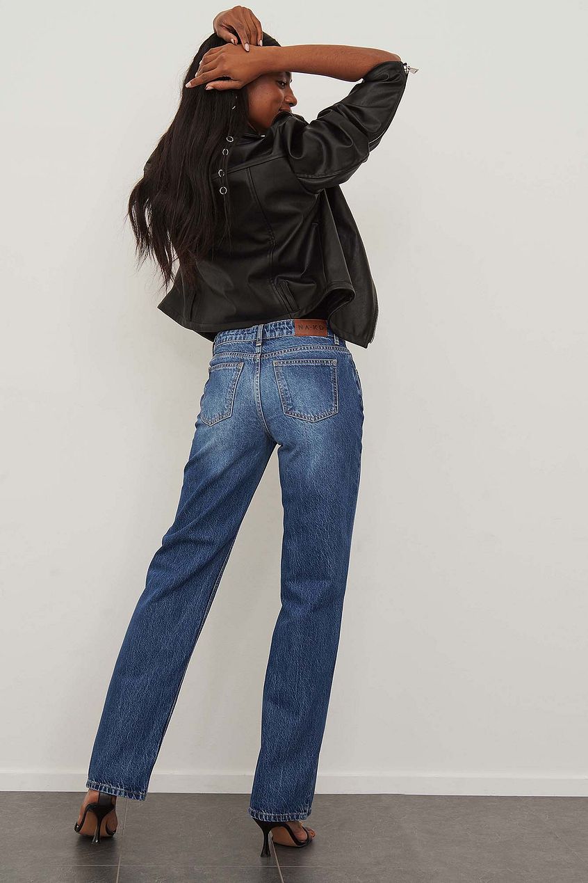 Low Waist Slim Leg Denim Jeans with Black Leather Jacket