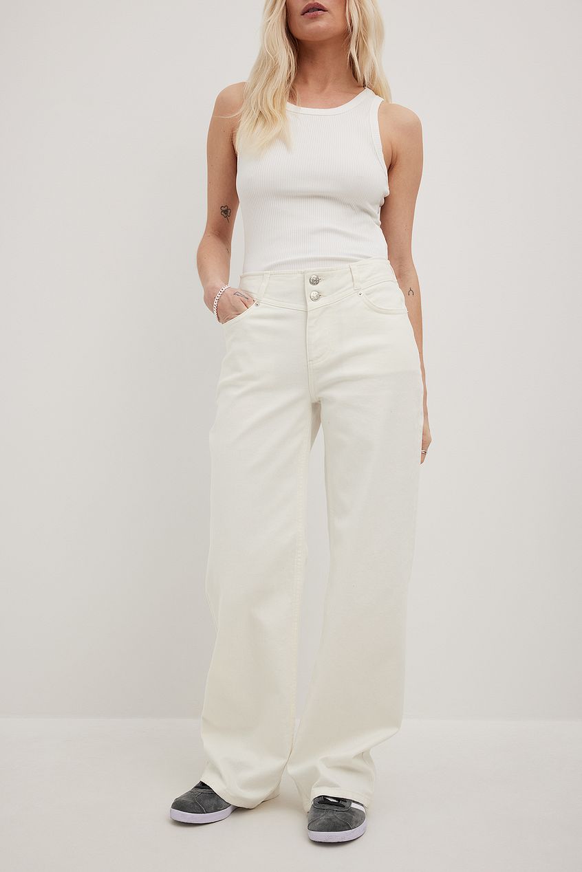 Sleek white tank top, high-waisted denim jeans with pockets, casual fit in white tone - stylish and versatile denim from Ace Cart.