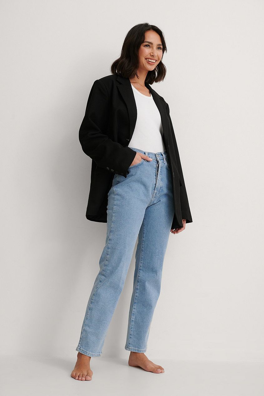 High waist organic straight leg jeans, black jacket, relaxed fit, casual style, denim clothing from Ace Cart.