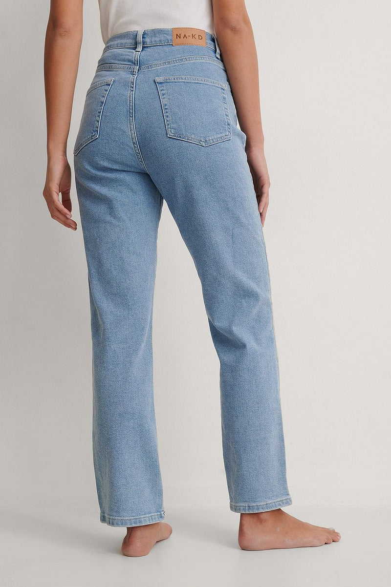 High-rise organic straight-leg jeans with classic denim styling and a light blue wash