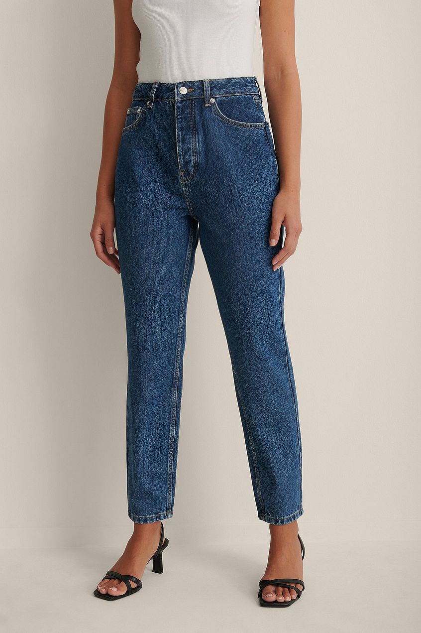 High-waisted denim jeans with a straight leg silhouette, featuring a classic blue wash and signature Ace Cart branding.