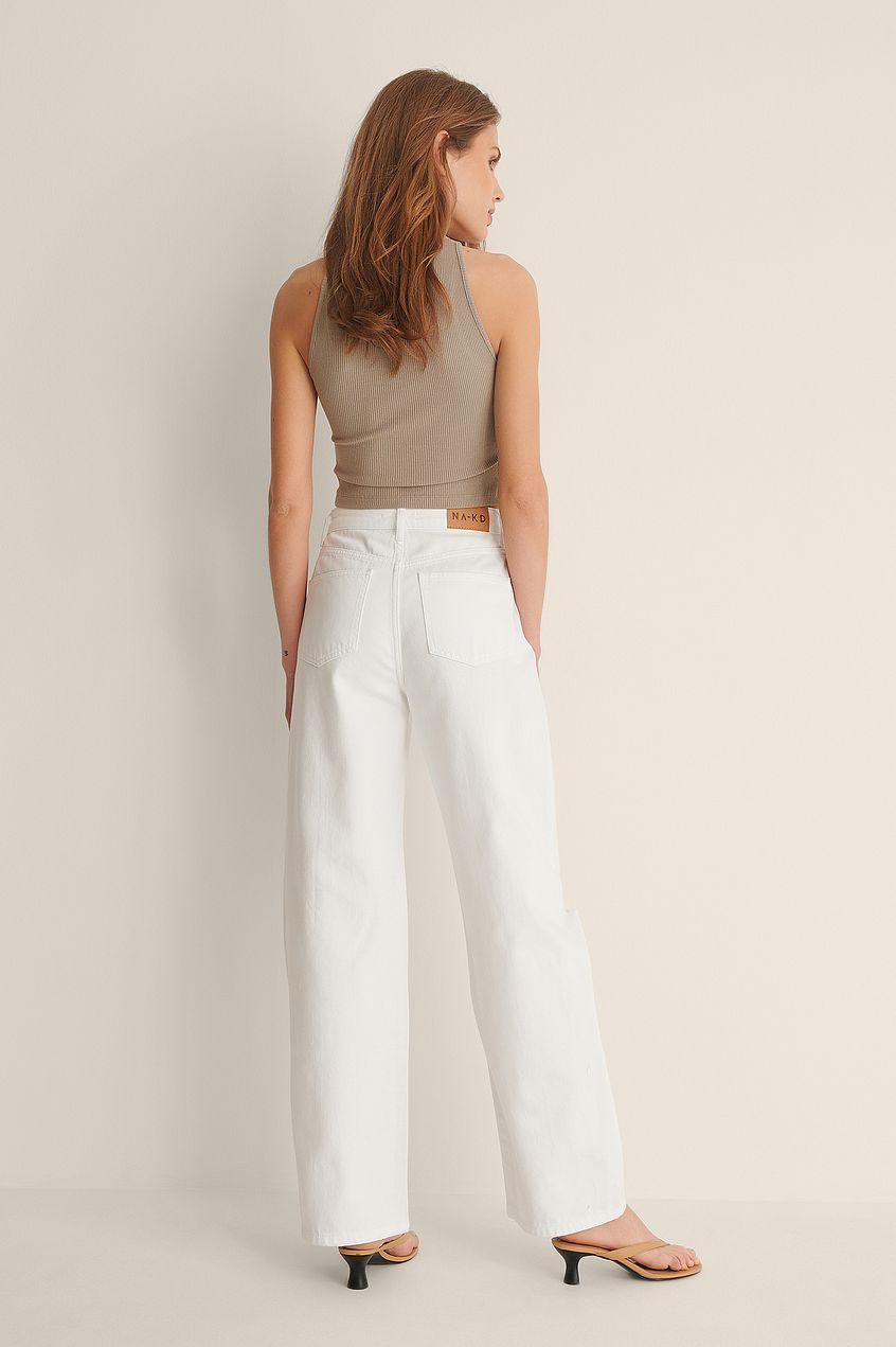 Organic Soft Rigid Wide Leg Destroyed White Jeans, Neutral Tank Top, Stylish Casual Outfit