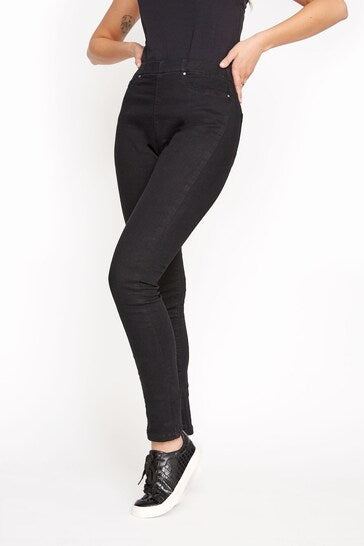 Sleek black cotton-blend jeggings with a slim, stretch fit showcased in the image. The jeggings feature a high-waisted design and a subtle ripped detail at the knees, creating a stylish casual look.