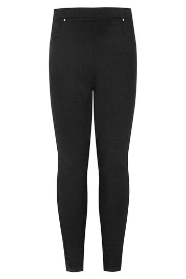 High-waisted black stretch jeggings with ripped knees, featured on a plain white background.