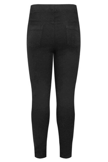 Black high-waisted stretch jeggings with ripped knees displayed on a plain white background.