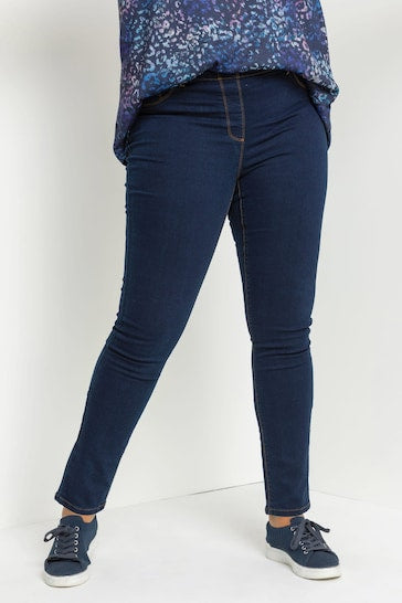 Stylish navy blue jeggings with a stretchy, curve-hugging fit displayed on a plain background.