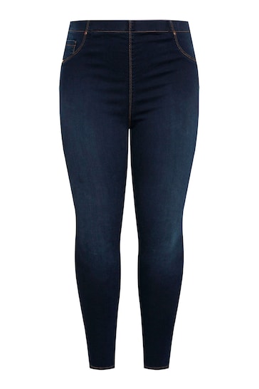 Dark blue, high-waisted stretch jeggings with stitched details