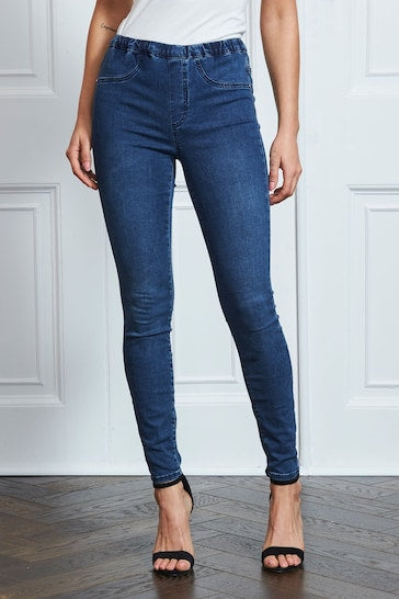 Stylish high-waisted denim jeggings with a soft, stretchy fabric for comfortable all-day wear.