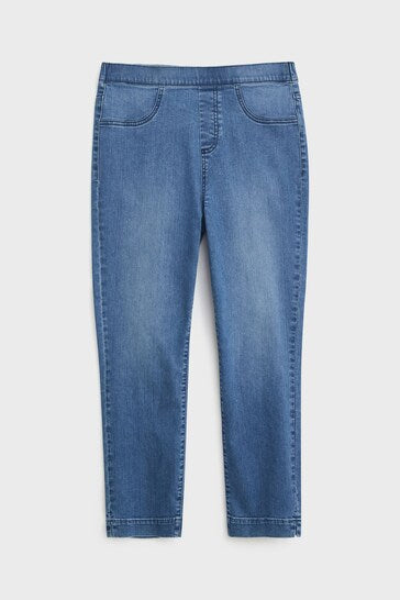 Blue denim high-waisted jeggings with a cropped ankle length, featuring a stretchy and comfortable fit ideal for curvy figures.